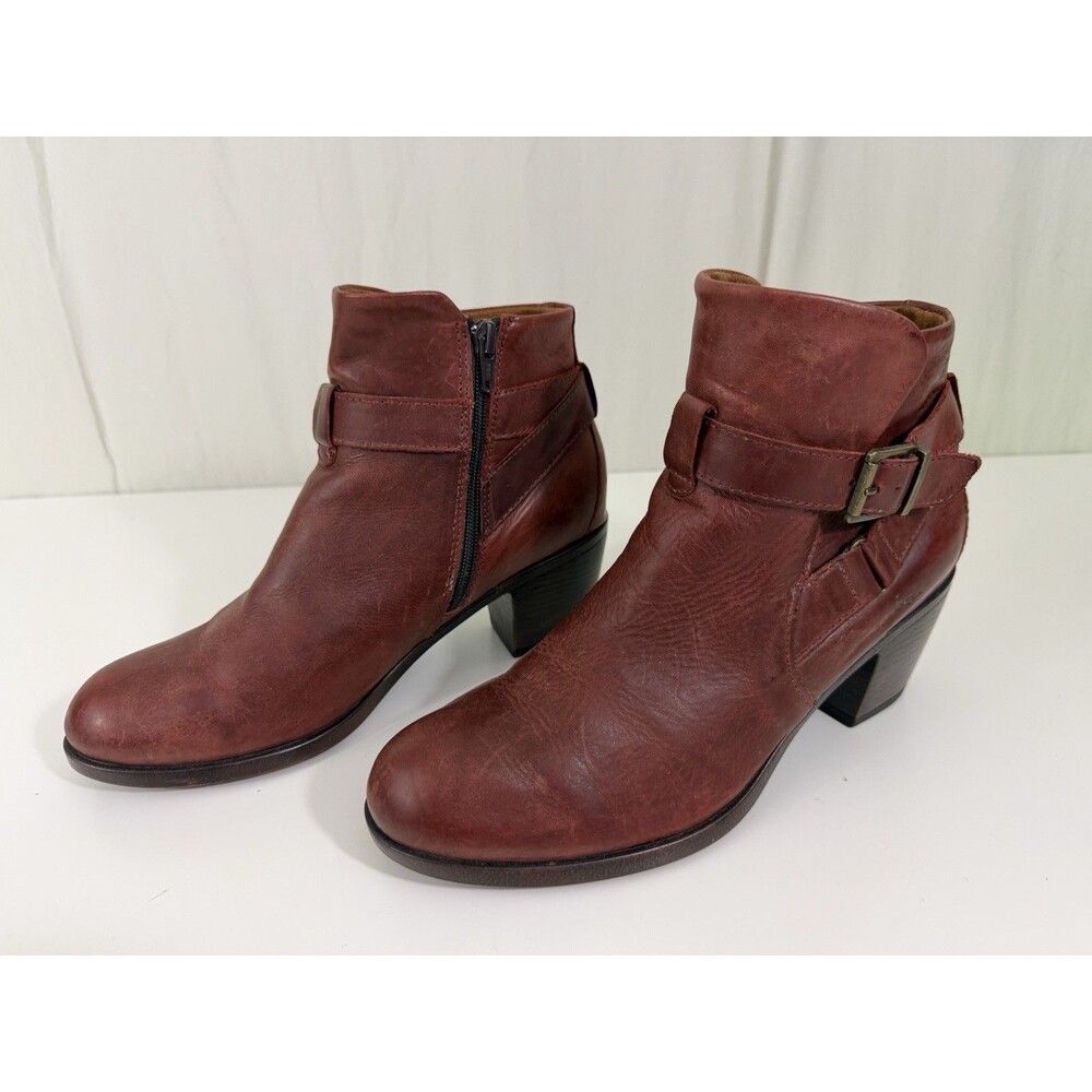 Born Women's Western Ankle Boots Sz 8.5 Burgundy Leather Strappy Block Heel Chic